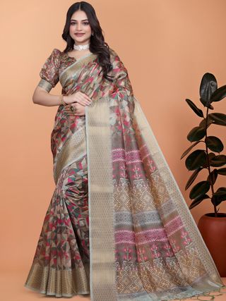 Artistic Geometric Cotton Saree with Rich Woven Zari Border