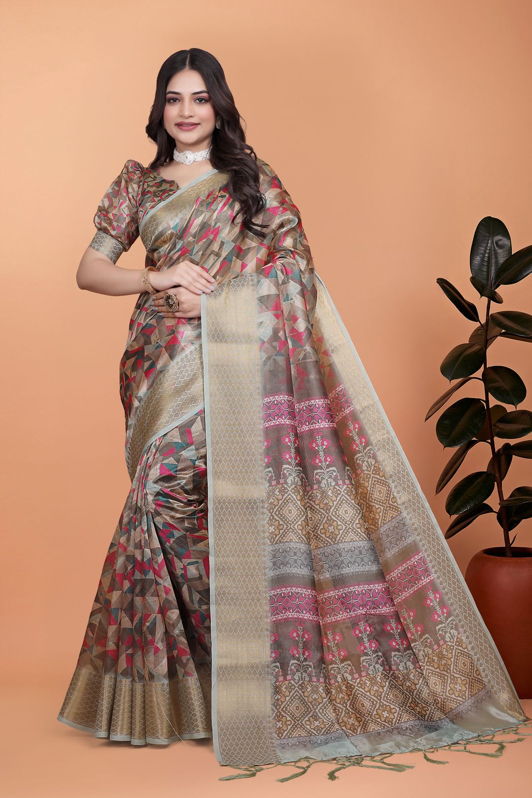 Artistic Geometric Cotton Saree with Rich Woven Zari Border