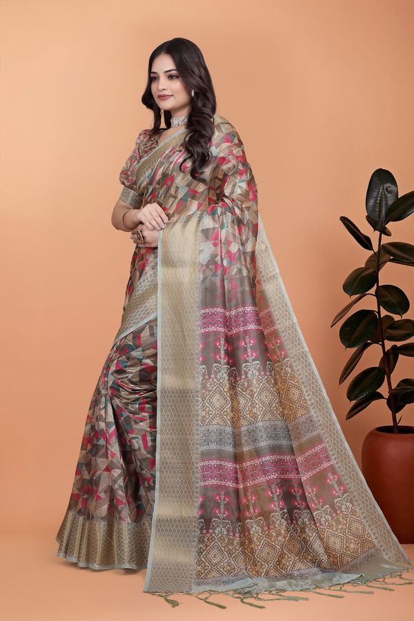 Artistic Geometric Cotton Saree with Rich Woven Zari Border