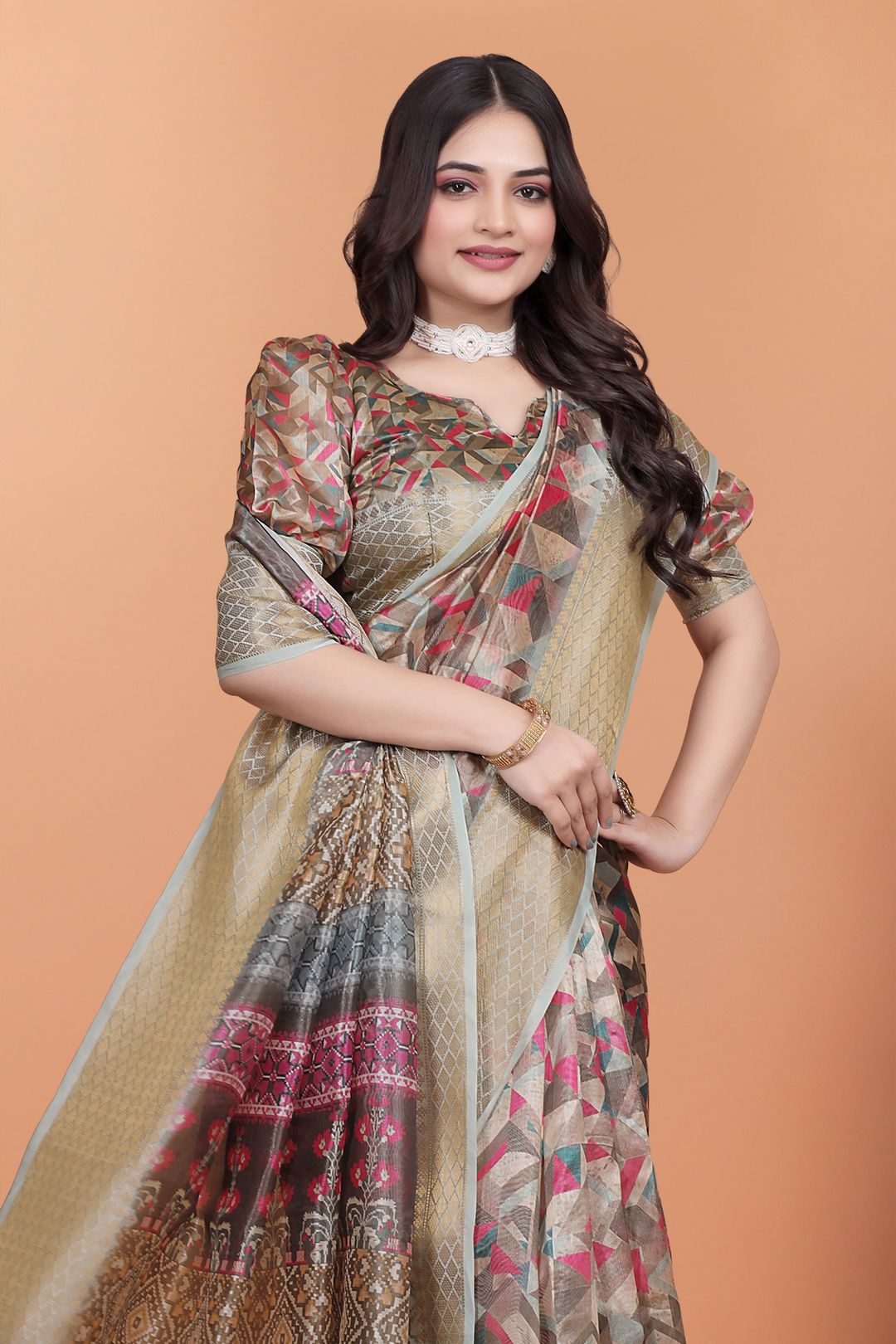 Artistic Geometric Cotton Saree with Rich Woven Zari Border