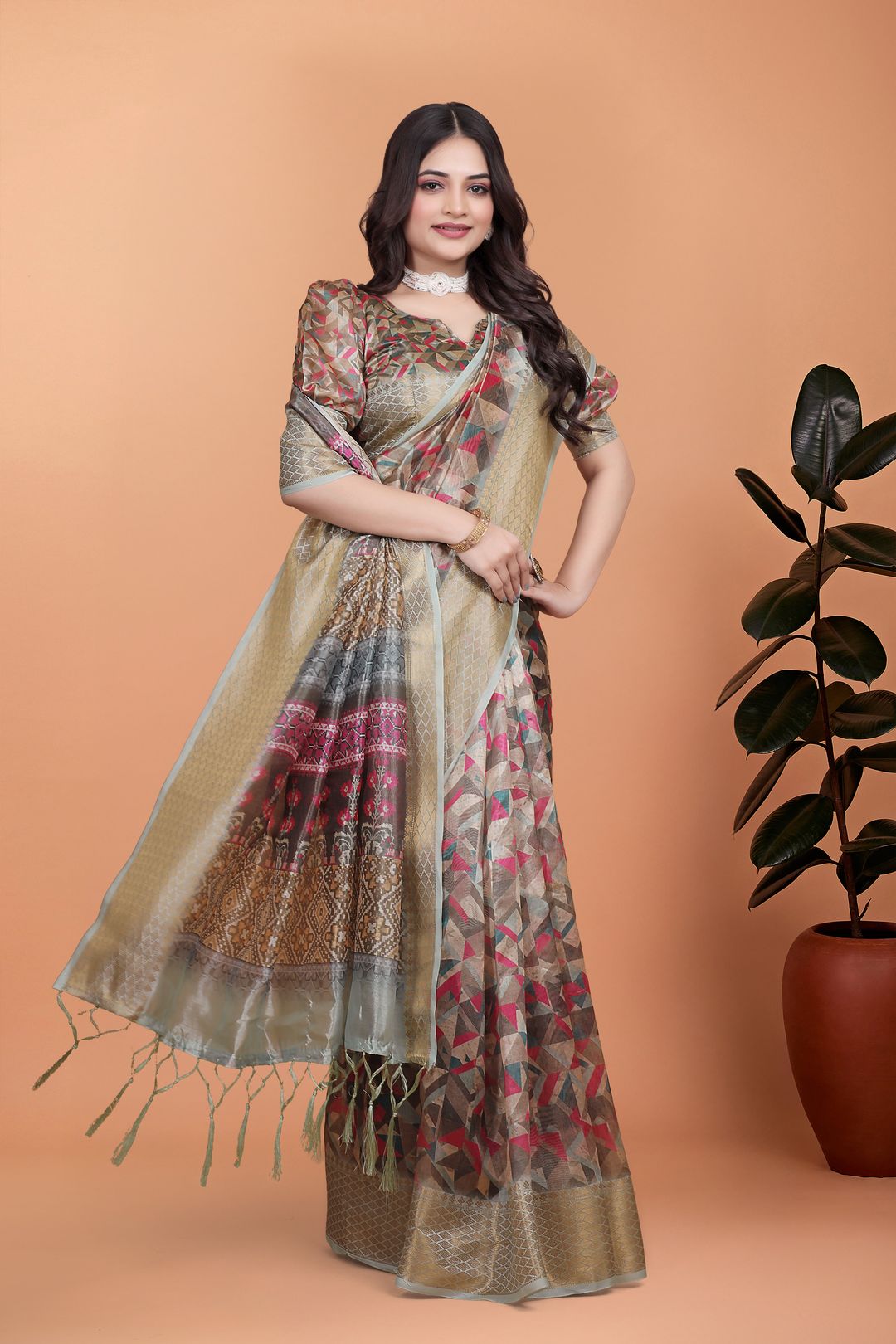 Artistic Geometric Cotton Saree with Rich Woven Zari Border