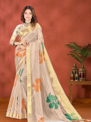 Cream Floral Printed Cotton Saree with Gold Border