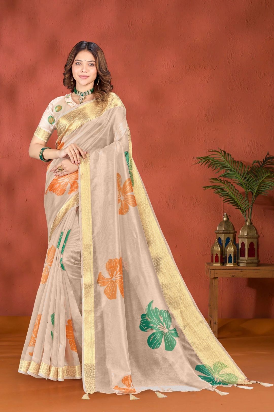 Cream Floral Printed Cotton Saree with Gold Border