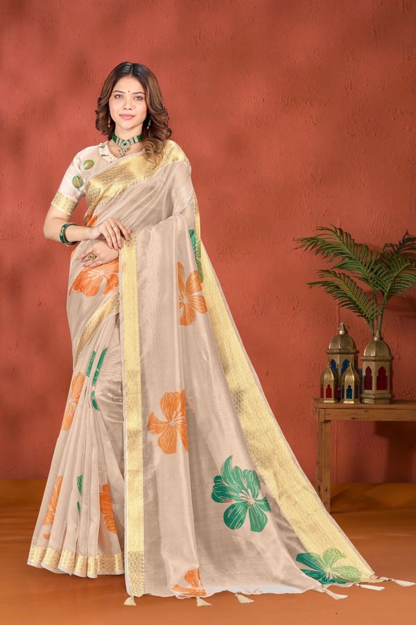 Cream Floral Printed Cotton Saree with Gold Border