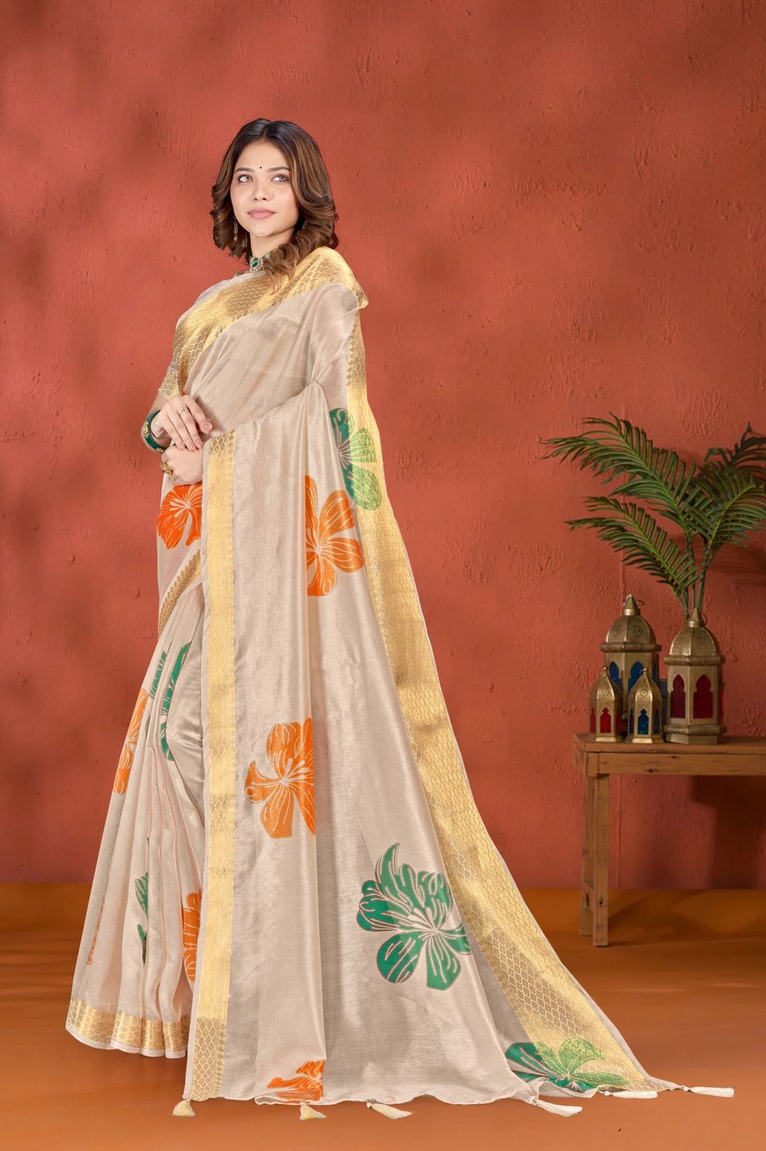 Cream Floral Printed Cotton Saree with Gold Border