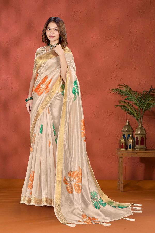 Cream Floral Printed Cotton Saree with Gold Border