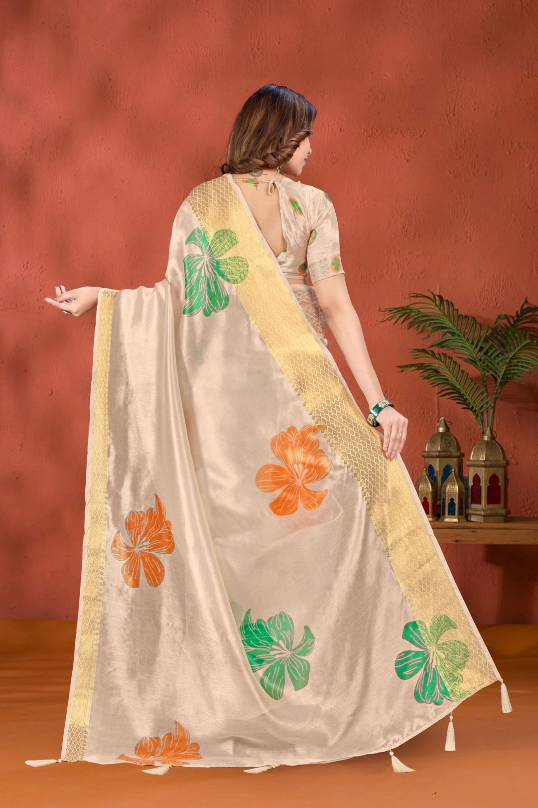 Cream Floral Printed Cotton Saree with Gold Border