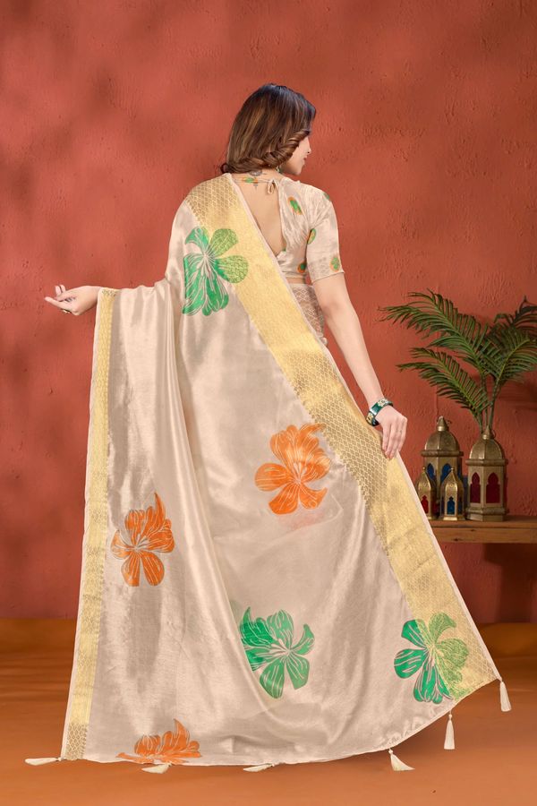Cream Floral Printed Cotton Saree with Gold Border