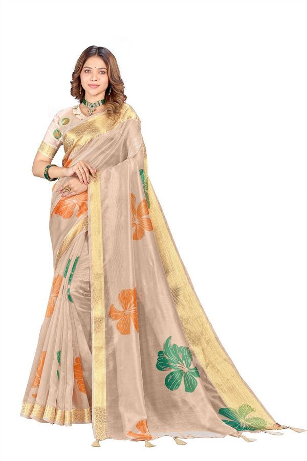Cream Floral Printed Cotton Saree with Gold Border