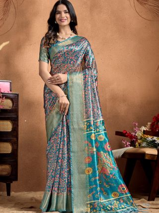 Teal Cotton Saree with Peacock Kalamkari Print, Zari Border