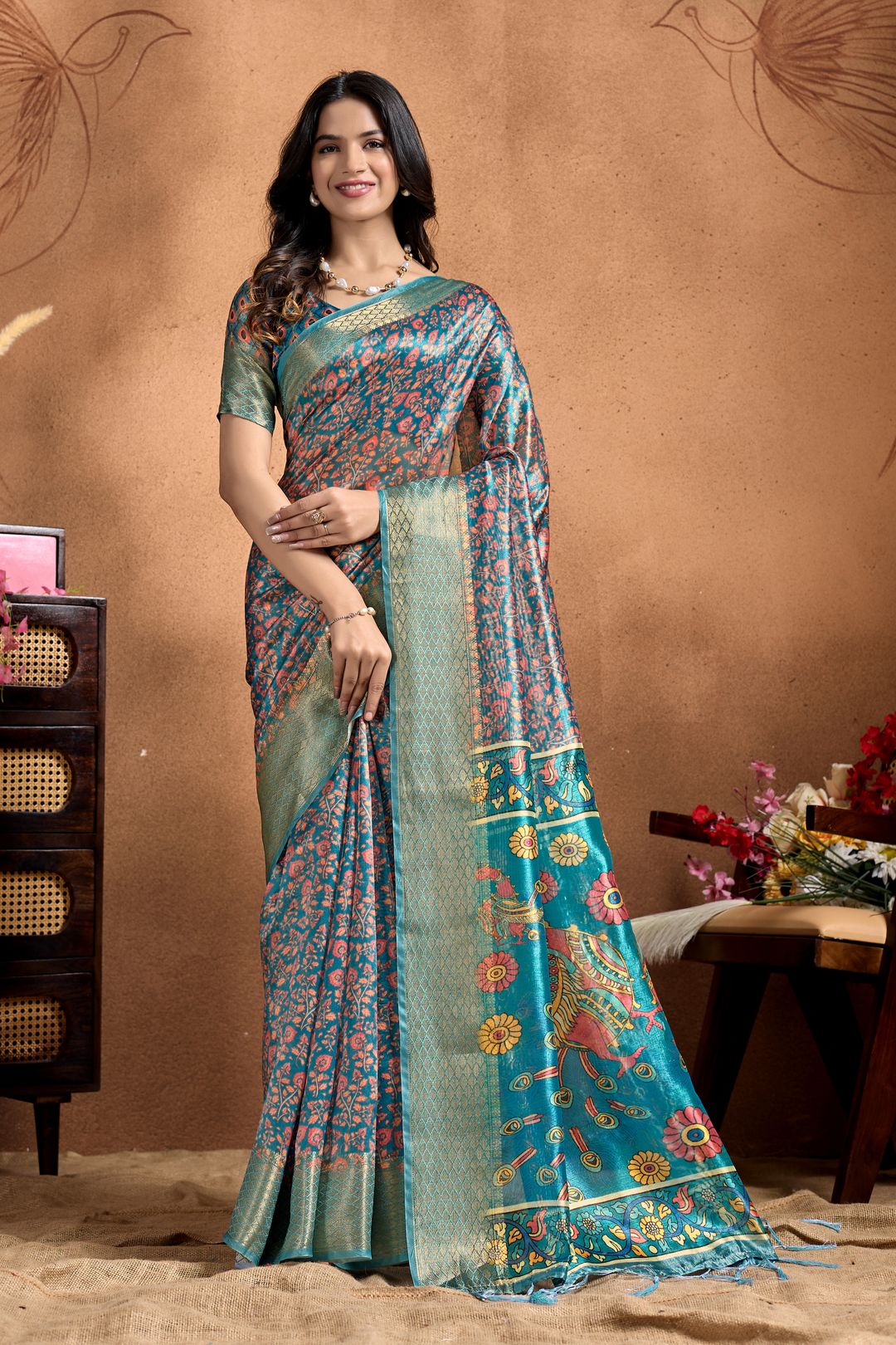 Teal Cotton Saree with Peacock Kalamkari Print, Zari Border