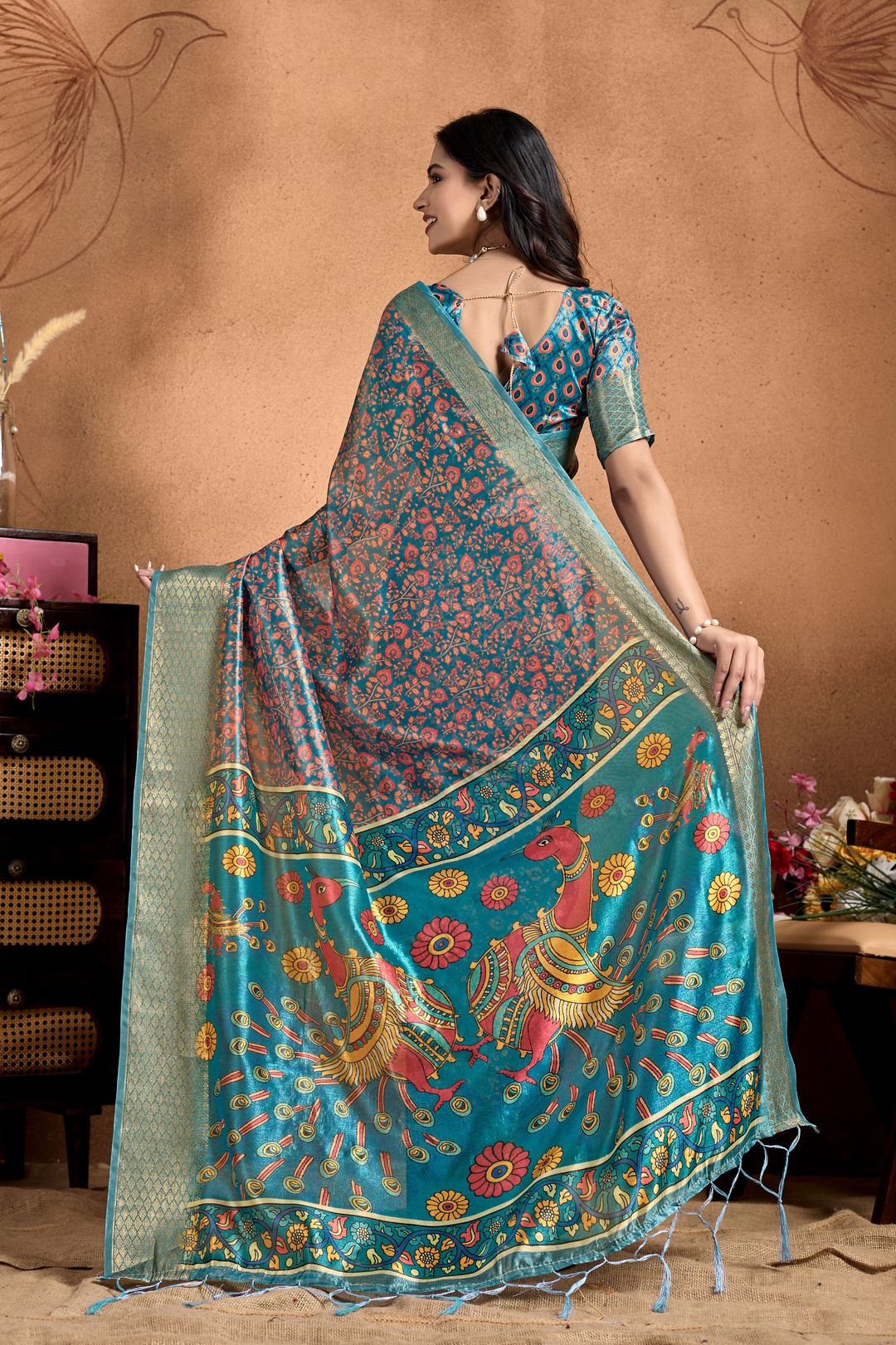 Teal Cotton Saree with Peacock Kalamkari Print, Zari Border