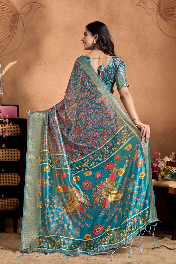 Teal Cotton Saree with Peacock Kalamkari Print, Zari Border