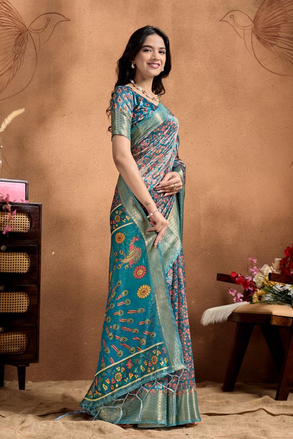 Teal Cotton Saree with Peacock Kalamkari Print, Zari Border