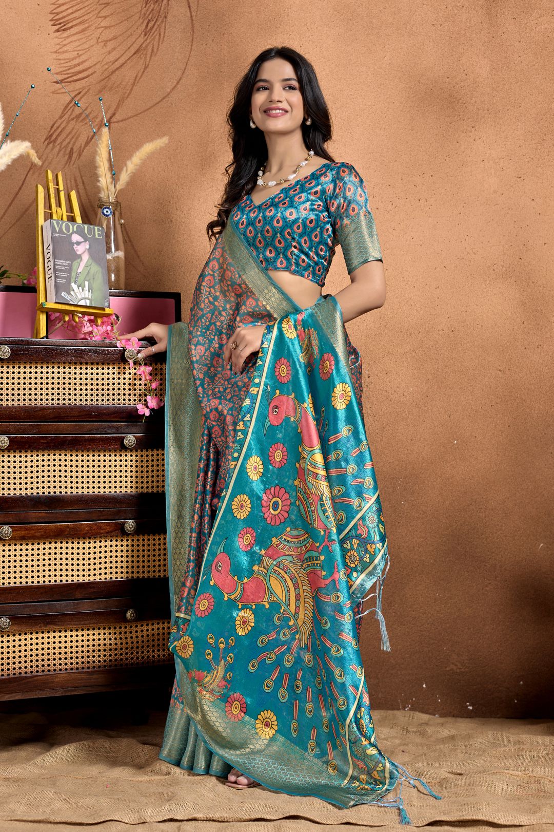 Teal Cotton Saree with Peacock Kalamkari Print, Zari Border