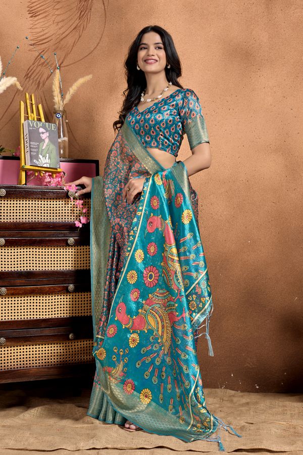 Teal Cotton Saree with Peacock Kalamkari Print, Zari Border