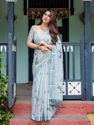 Pastel Blue Linen Cotton Floral Saree With Printed Pallu