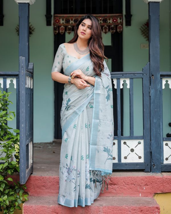 Pastel Blue Linen Cotton Floral Saree With Printed Pallu