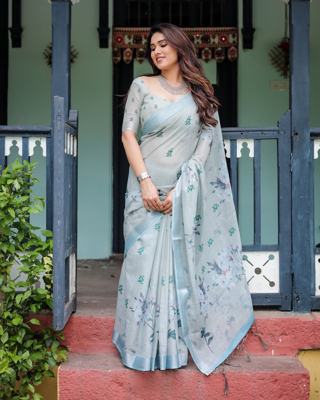 Pastel Blue Linen Cotton Floral Saree With Printed Pallu