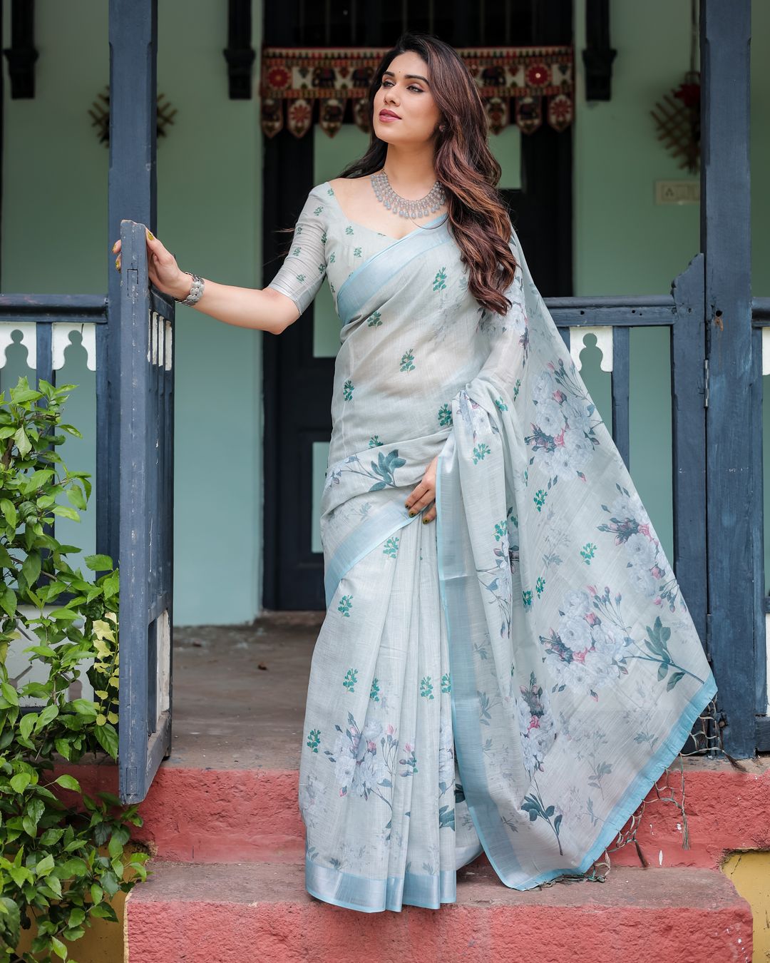 Pastel Blue Linen Cotton Floral Saree With Printed Pallu