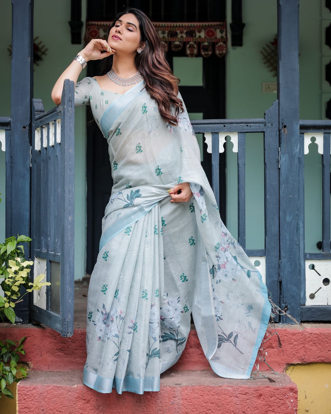 Pastel Blue Linen Cotton Floral Saree With Printed Pallu