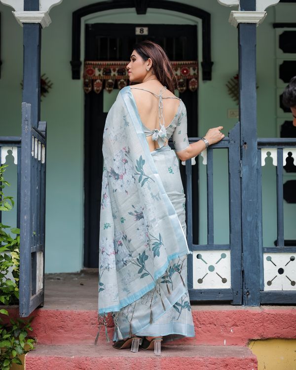 Pastel Blue Linen Cotton Floral Saree With Printed Pallu