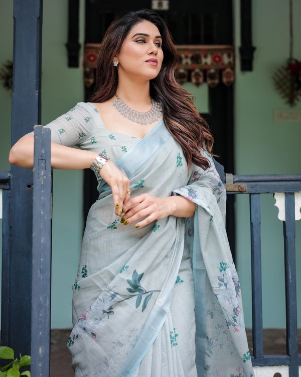 Pastel Blue Linen Cotton Floral Saree With Printed Pallu