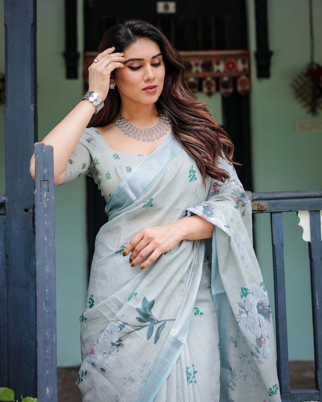 Pastel Blue Linen Cotton Floral Saree With Printed Pallu