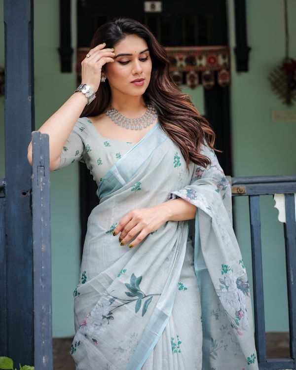 Pastel Blue Linen Cotton Floral Saree With Printed Pallu