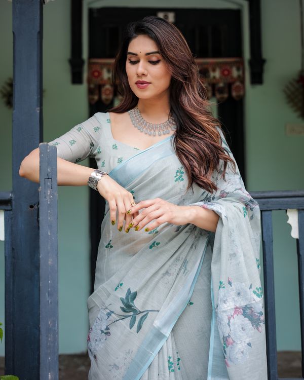 Pastel Blue Linen Cotton Floral Saree With Printed Pallu