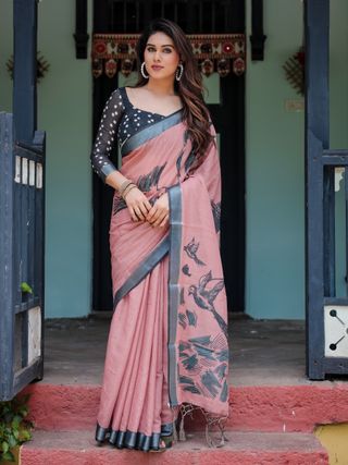 Rose Pink Linen Cotton Bird Print Saree | Varnavi Store
