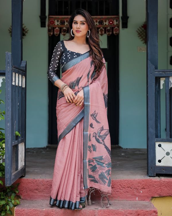 Rose Pink Linen Cotton Bird Print Saree | Varnavi Store