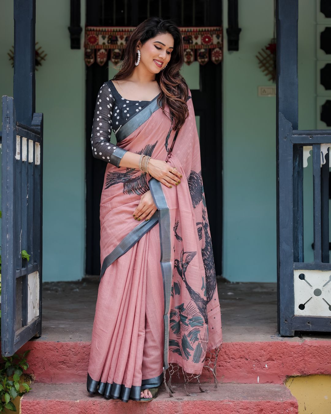 Rose Pink Linen Cotton Bird Print Saree | Varnavi Store