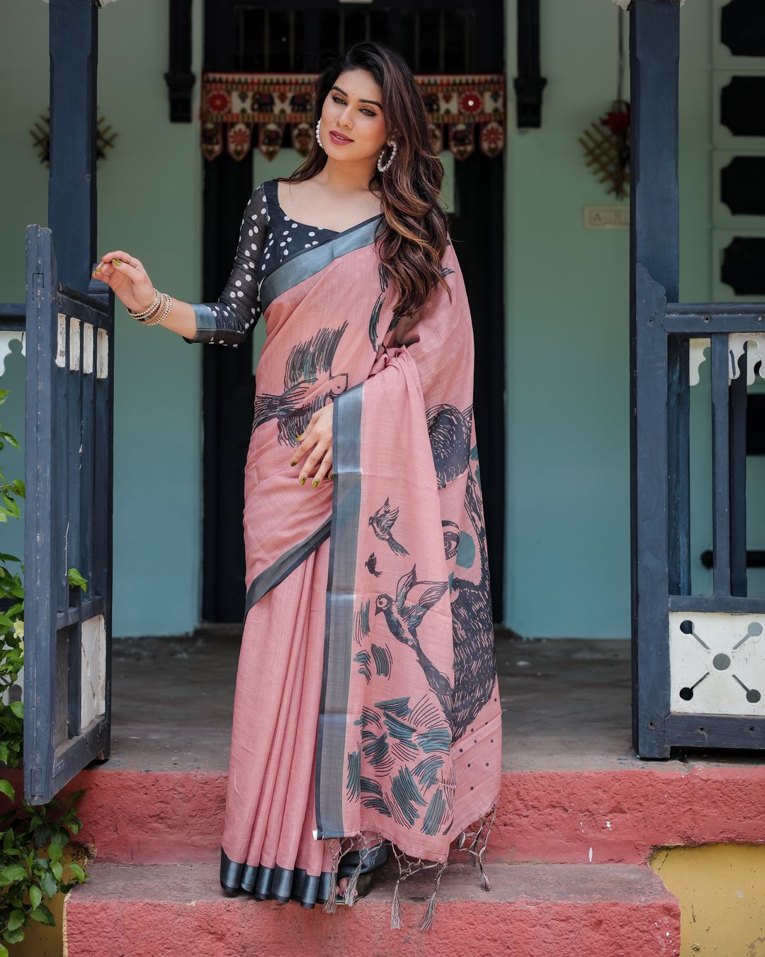 Rose Pink Linen Cotton Bird Print Saree | Varnavi Store