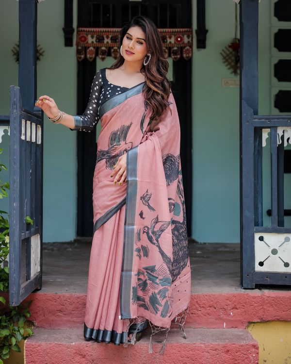 Rose Pink Linen Cotton Bird Print Saree | Varnavi Store