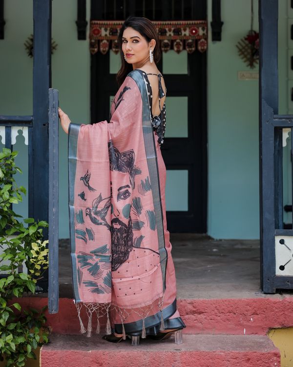 Rose Pink Linen Cotton Bird Print Saree | Varnavi Store