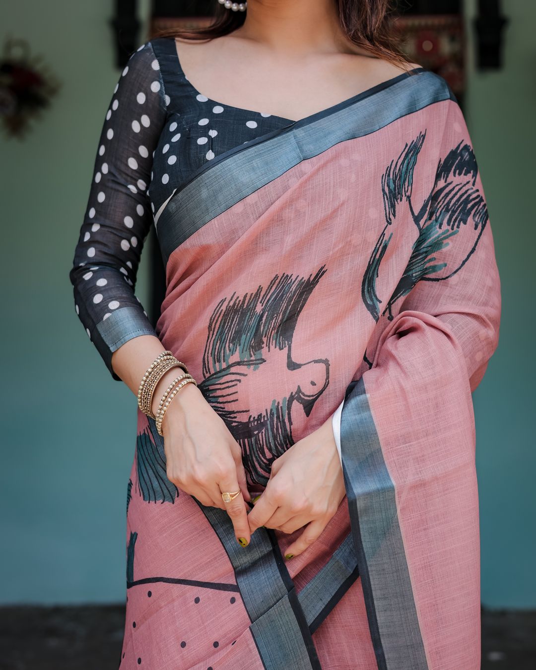 Rose Pink Linen Cotton Bird Print Saree | Varnavi Store