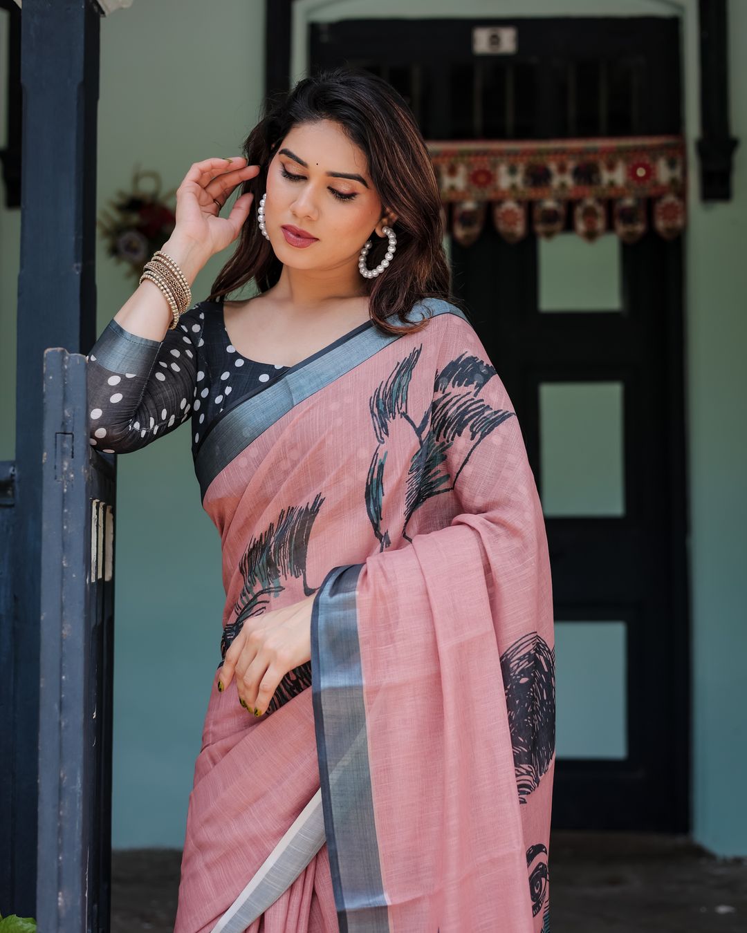 Rose Pink Linen Cotton Bird Print Saree | Varnavi Store
