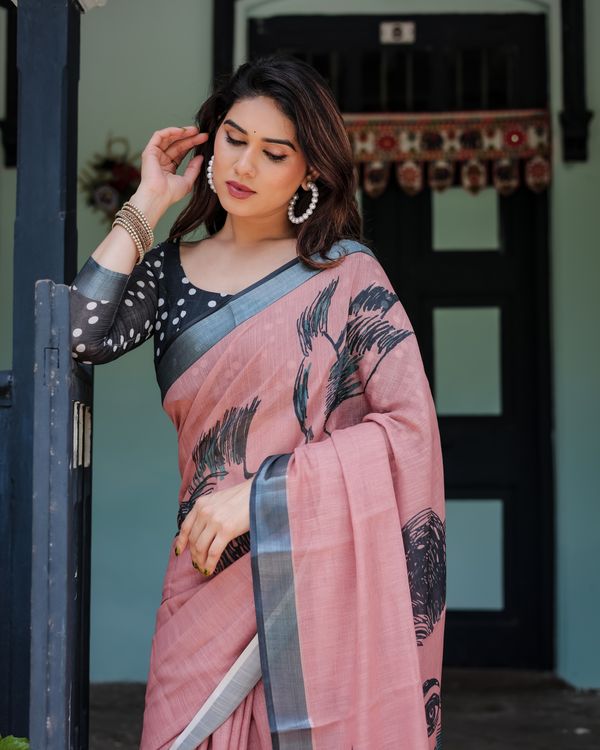 Rose Pink Linen Cotton Bird Print Saree | Varnavi Store