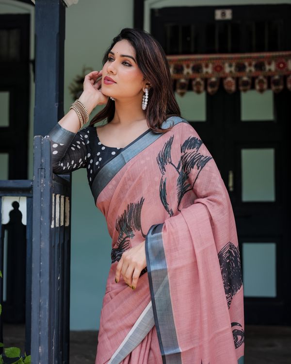 Rose Pink Linen Cotton Bird Print Saree | Varnavi Store