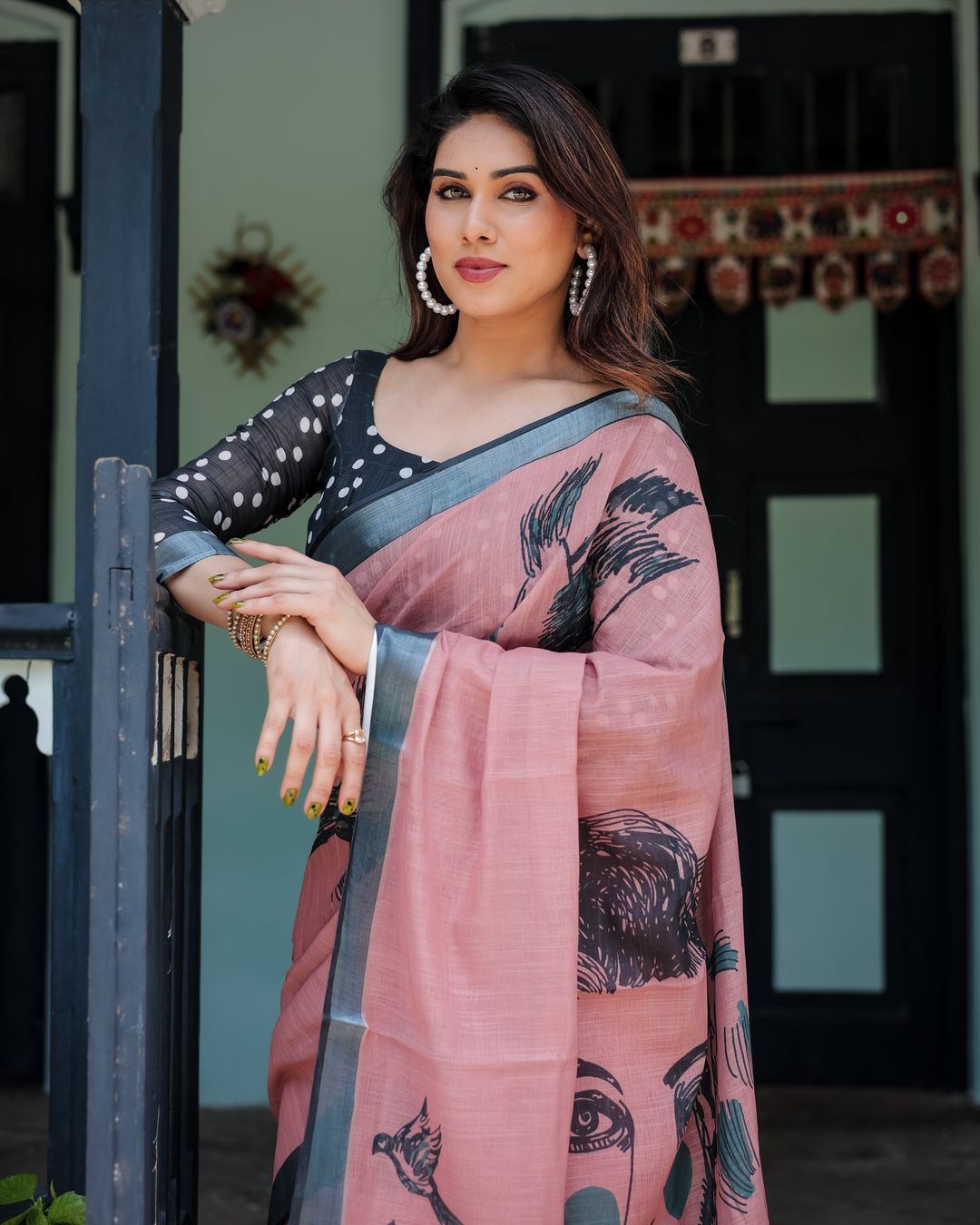 Rose Pink Linen Cotton Bird Print Saree | Varnavi Store