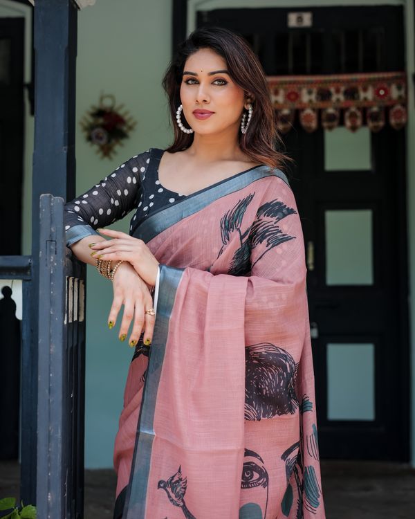 Rose Pink Linen Cotton Bird Print Saree | Varnavi Store