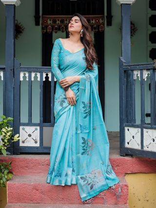 Turquoise Floral Linen Cotton Saree for Women - Varnavi