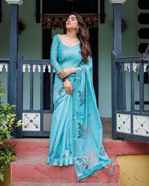Turquoise Floral Linen Cotton Saree for Women - Varnavi