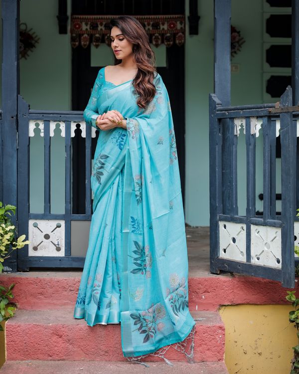 Turquoise Floral Linen Cotton Saree for Women - Varnavi