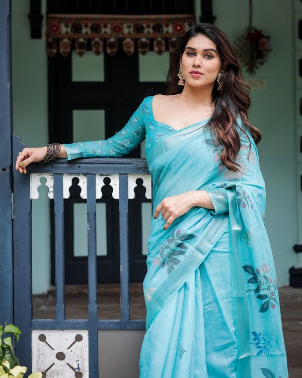 Turquoise Floral Linen Cotton Saree for Women - Varnavi