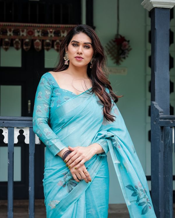 Turquoise Floral Linen Cotton Saree for Women - Varnavi