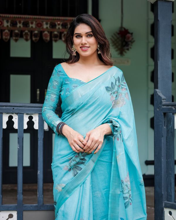 Turquoise Floral Linen Cotton Saree for Women - Varnavi