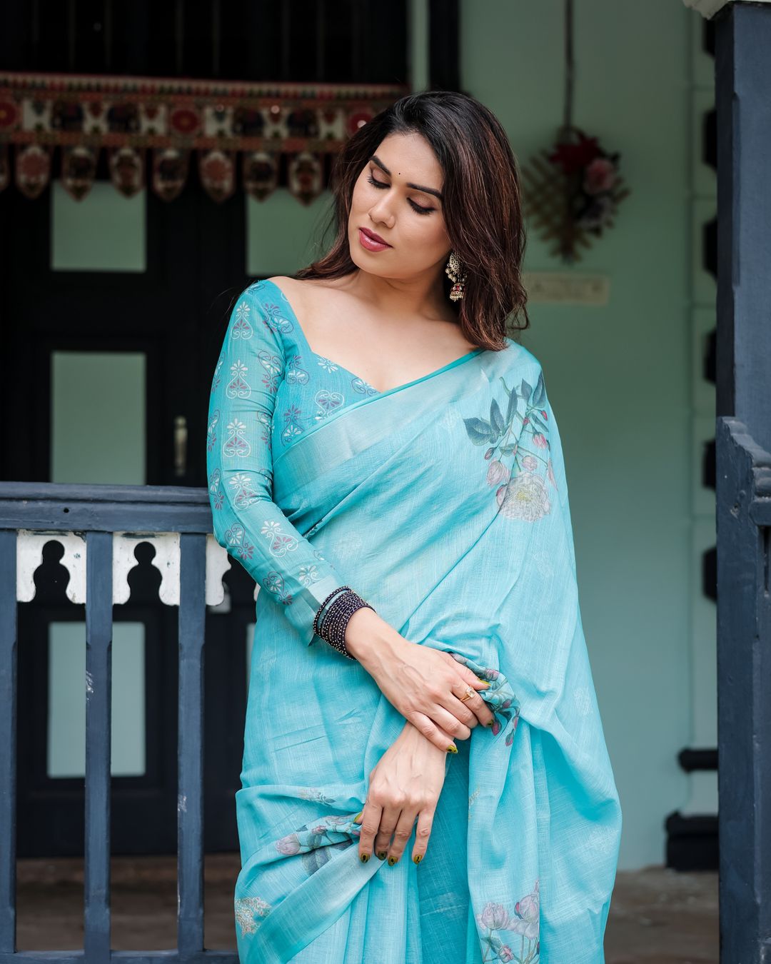 Turquoise Floral Linen Cotton Saree for Women - Varnavi