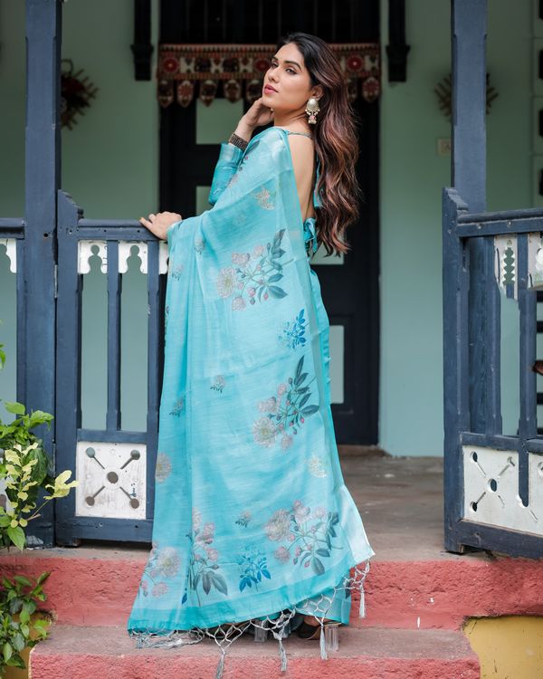 Turquoise Floral Linen Cotton Saree for Women - Varnavi